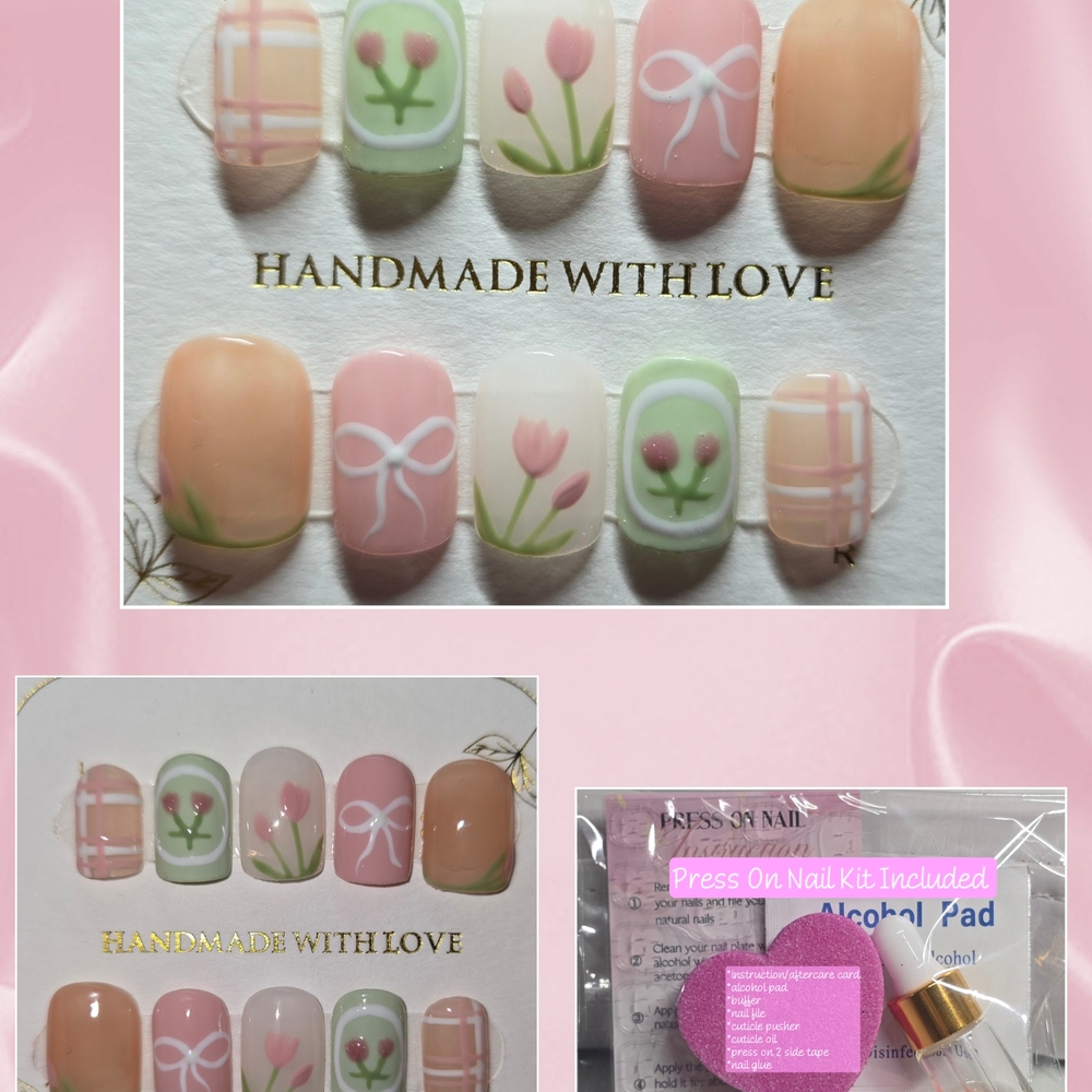 Handmade Floral Press-On Nails - Pink and Green